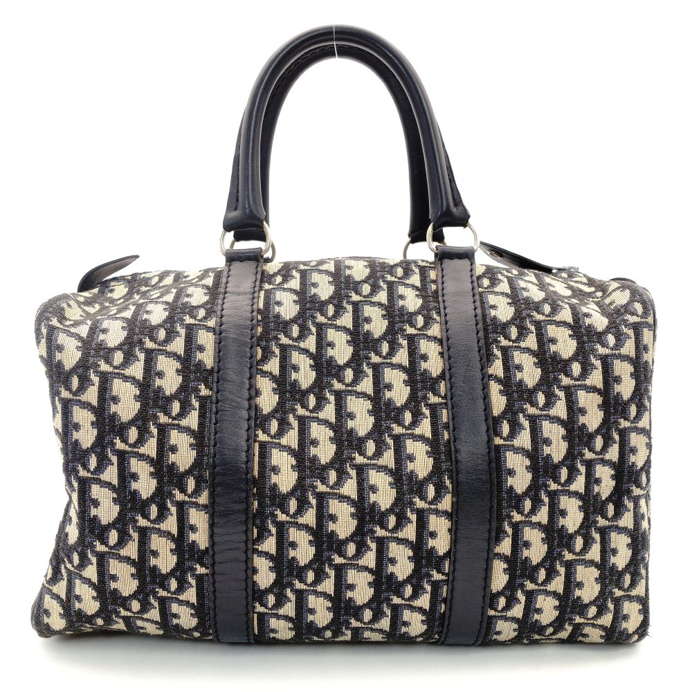Christian Dior Trotter Boston Bag Navy × Beige Canvas Leather Handbag 7-10-786