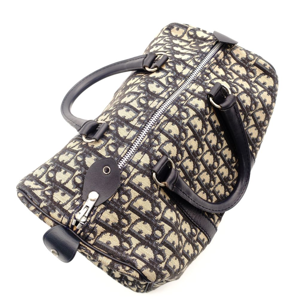 Christian Dior Trotter Boston Bag Navy × Beige Canvas Leather Handbag 7-10-786
