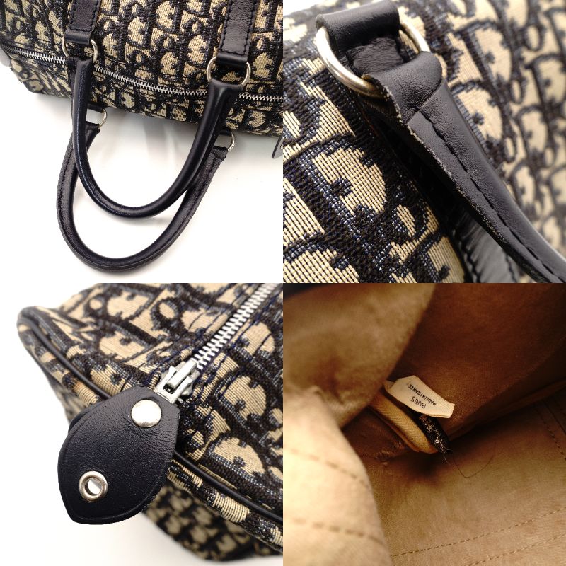 Christian Dior Trotter Boston Bag Navy × Beige Canvas Leather Handbag 7-10-786