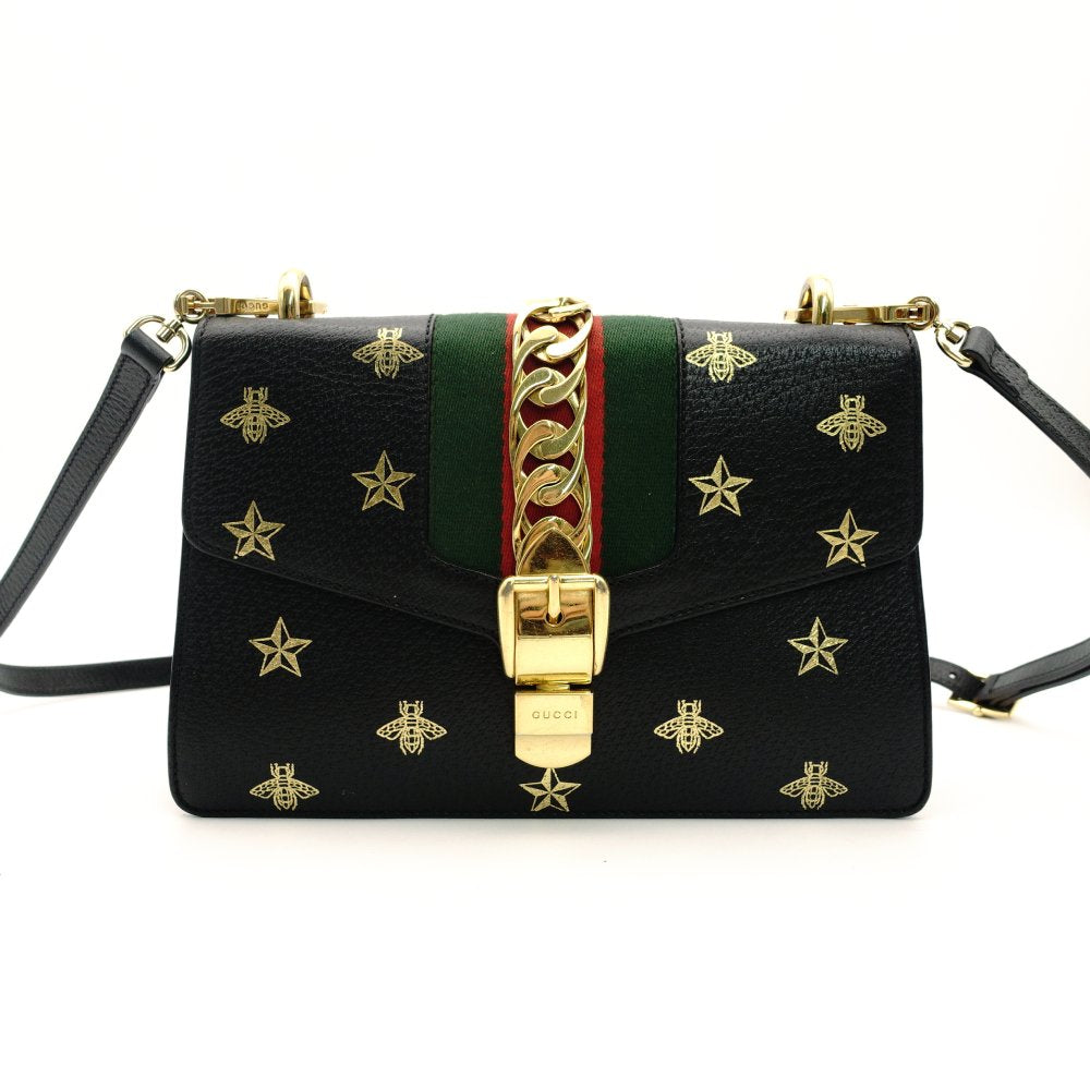 GUCCI Sylvie Star & Bee Shoulder Bag Black Leather Gold Hardware Crossbody 7-8-359