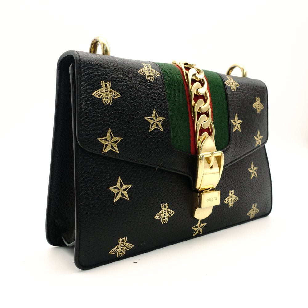 GUCCI Sylvie Star & Bee Shoulder Bag Black Leather Gold Hardware Crossbody 7-8-359
