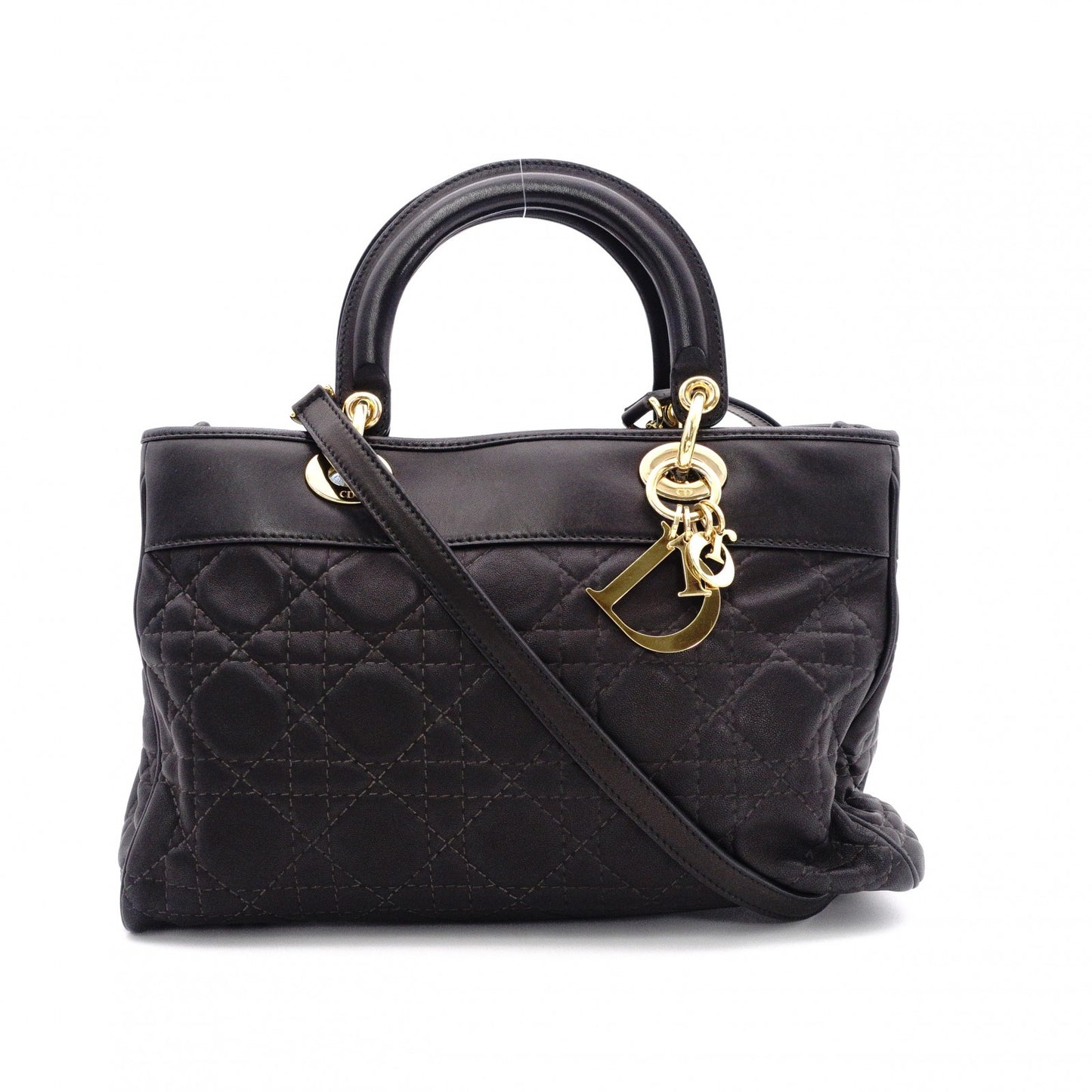 Christian Dior Cannage Lady Dior Handbag, Leather, Black, 2-Way, Gold Hardware
