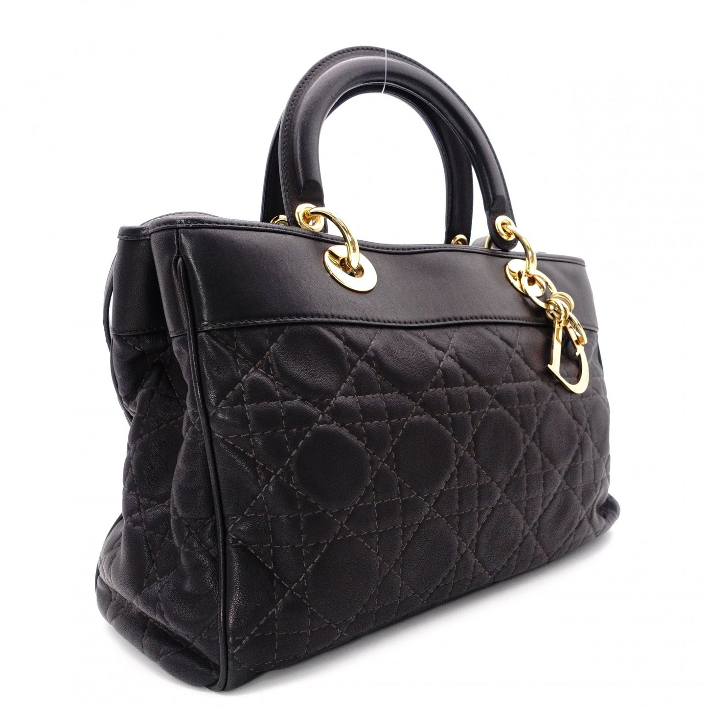 Christian Dior Cannage Lady Dior Handbag, Leather, Black, 2-Way, Gold Hardware