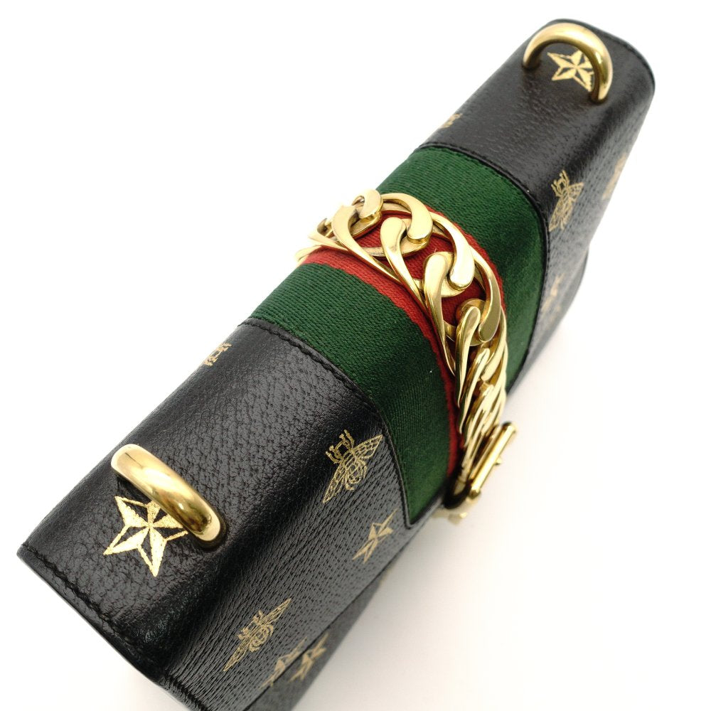 GUCCI Sylvie Star & Bee Shoulder Bag Black Leather Gold Hardware Crossbody 7-8-359