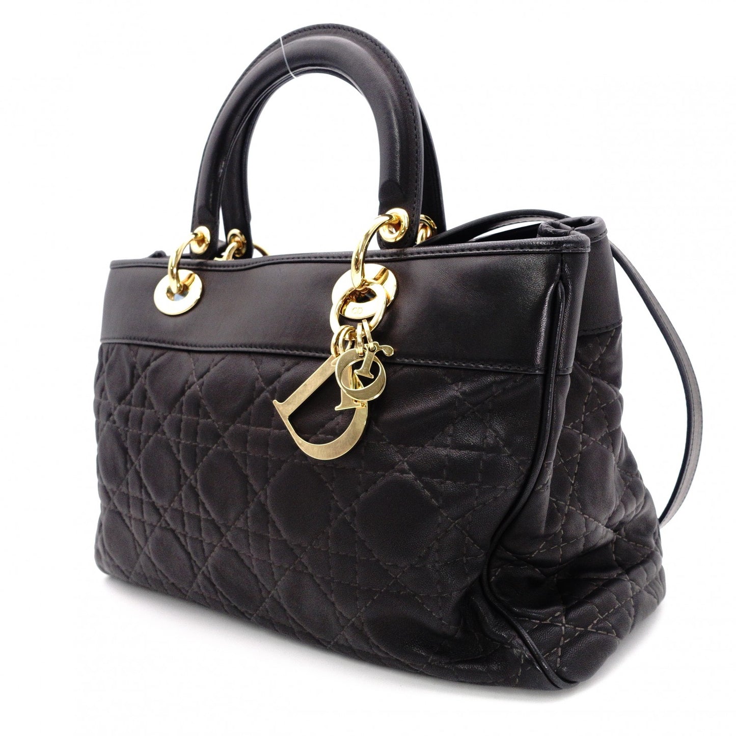 Christian Dior Cannage Lady Dior Handbag, Leather, Black, 2-Way, Gold Hardware