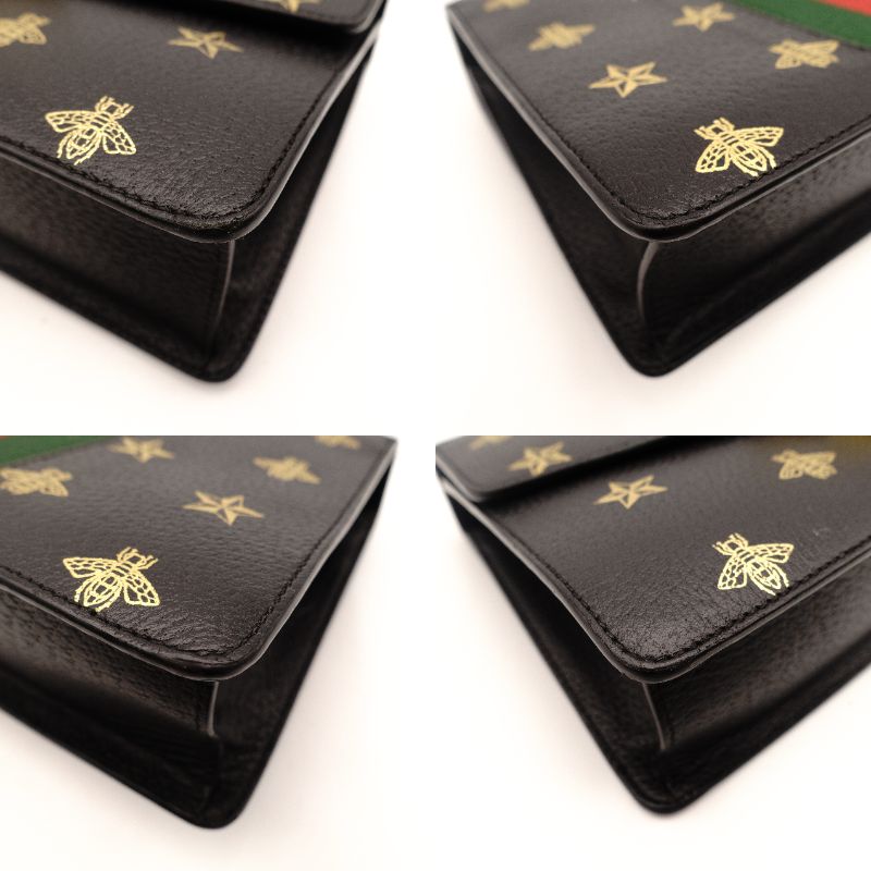 GUCCI Sylvie Star & Bee Shoulder Bag Black Leather Gold Hardware Crossbody 7-8-359