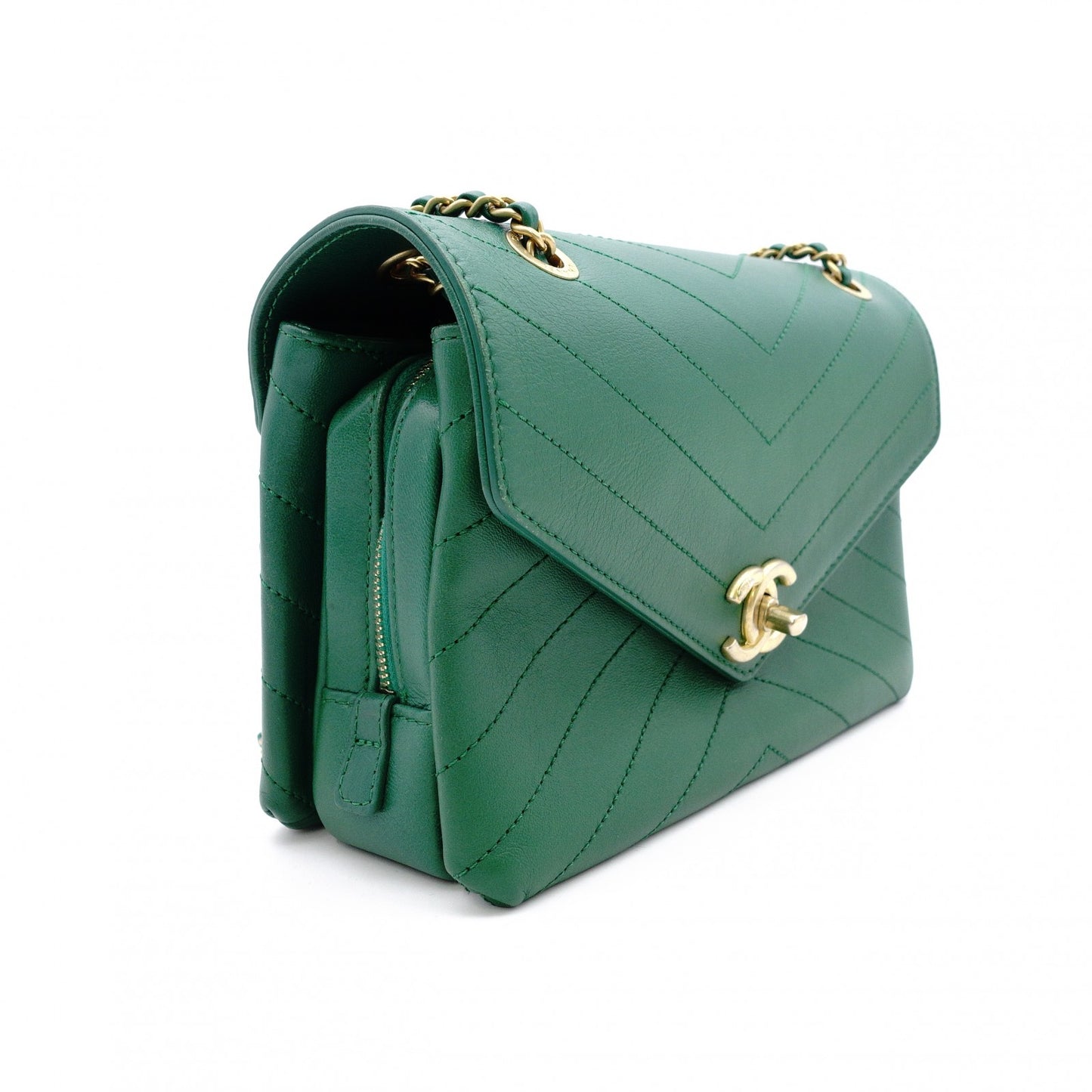 CHANEL Chevron Shoulder Bag Leather Green