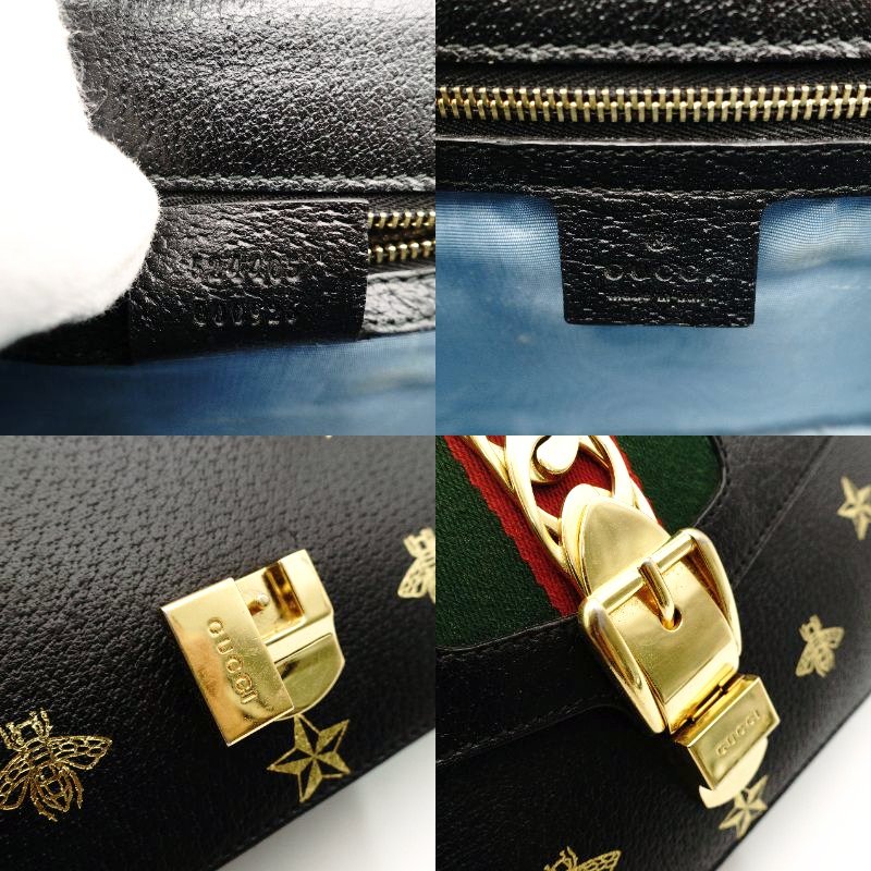 GUCCI Sylvie Star & Bee Shoulder Bag Black Leather Gold Hardware Crossbody 7-8-359