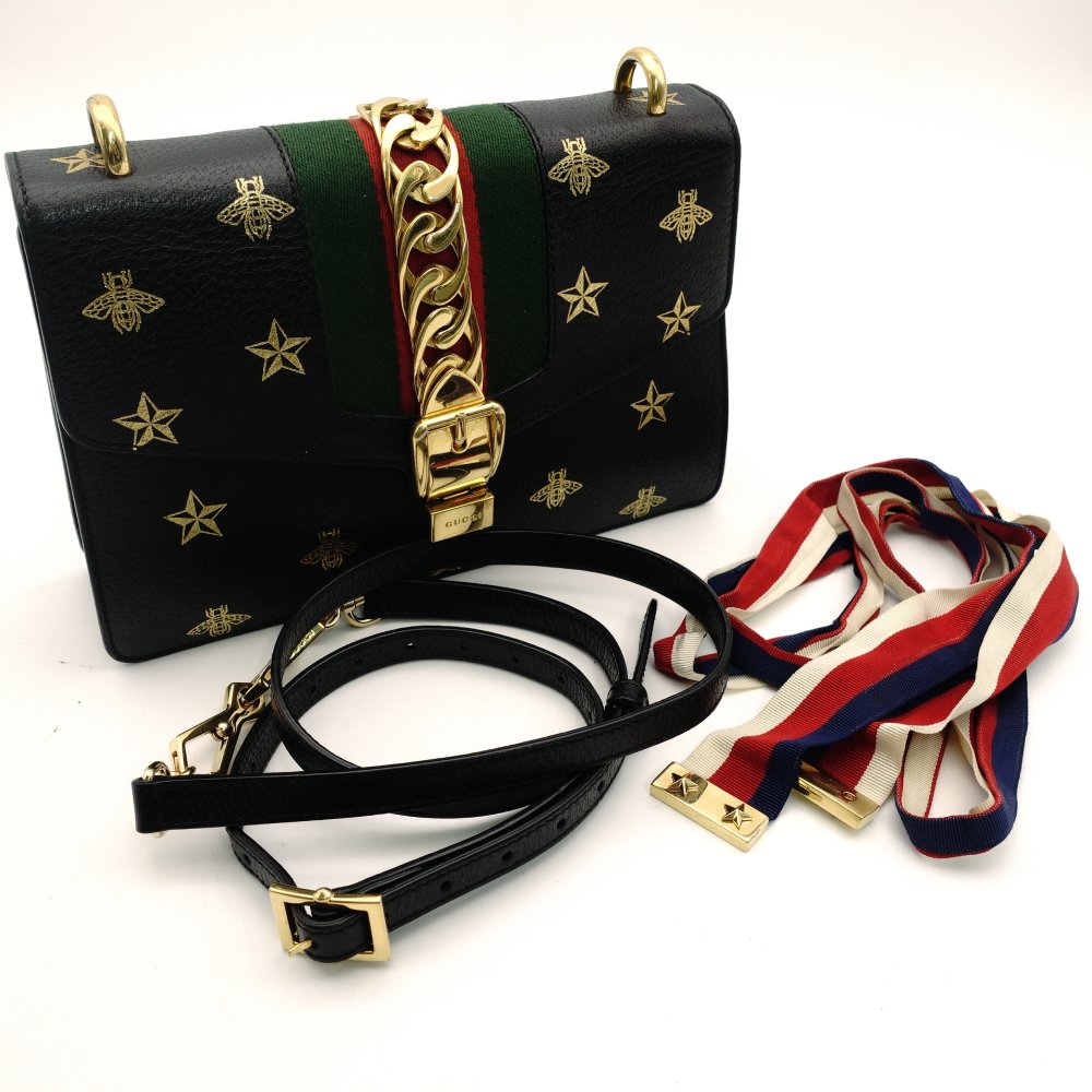 GUCCI Sylvie Star & Bee Shoulder Bag Black Leather Gold Hardware Crossbody 7-8-359