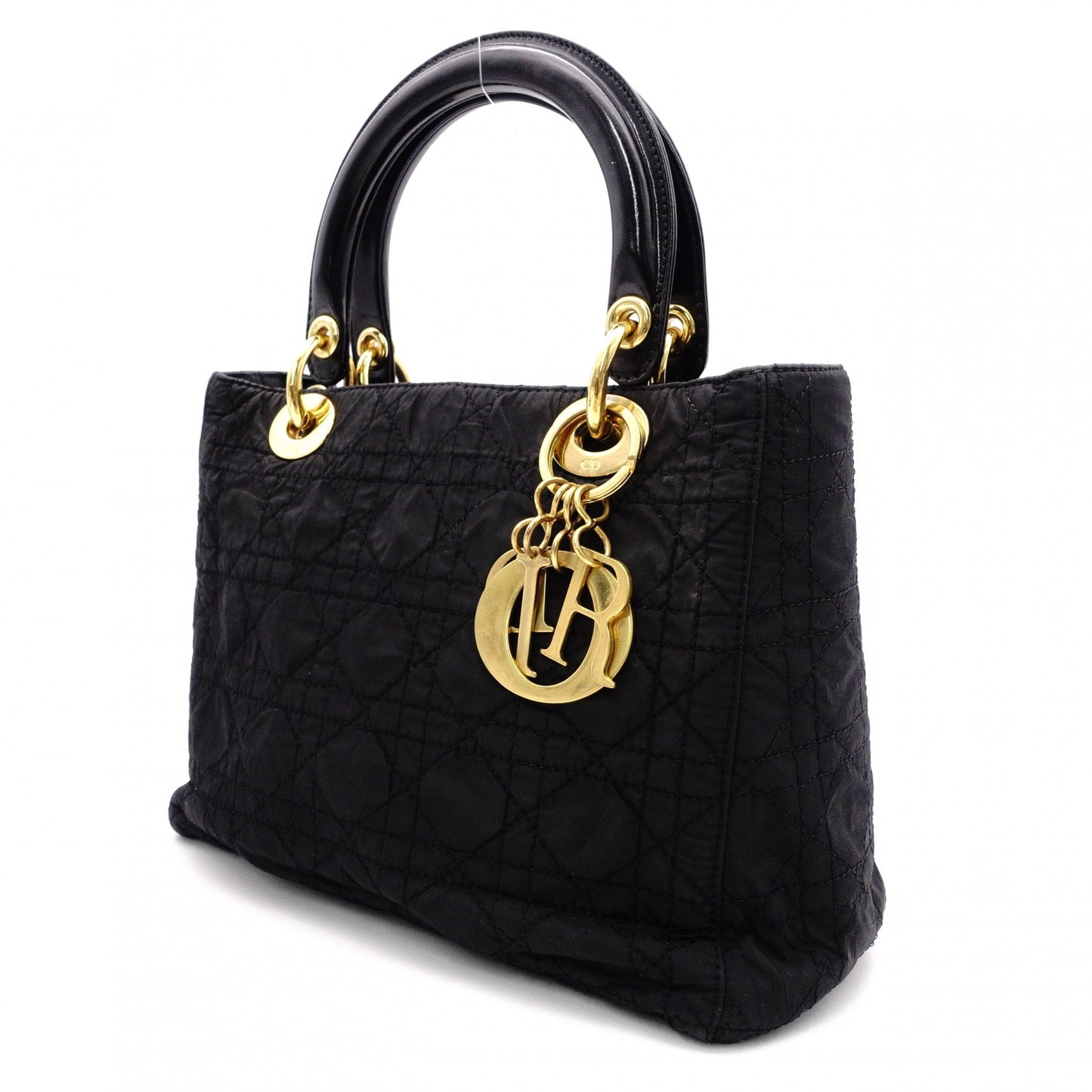 Christian Dior Lady Dior Handbag, Nylon, Black, 2-Way, Gold Hardware