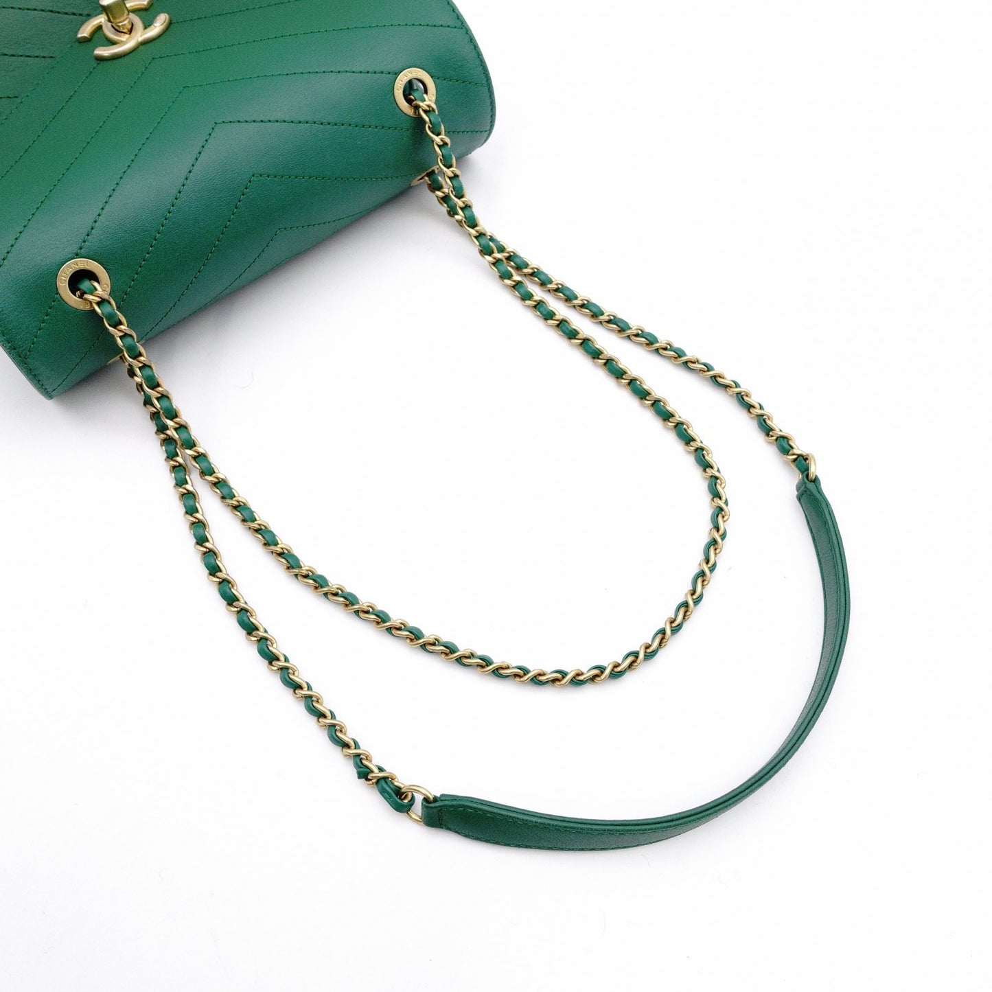 CHANEL Chevron Shoulder Bag Leather Green