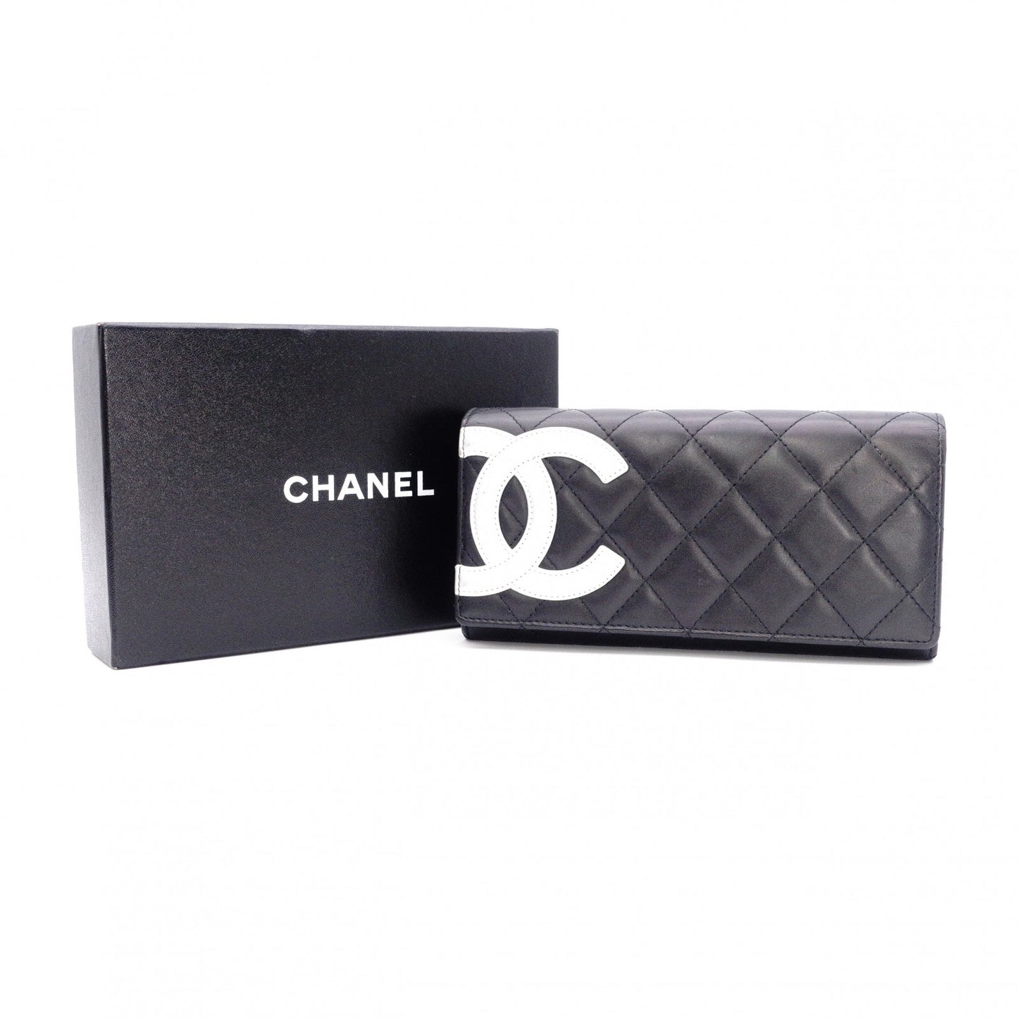 CHANEL Lambskin Cambon Line Long Wallet, Leather, Black, Silver, CC Logo