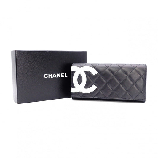 CHANEL Lambskin Cambon Line Long Wallet, Leather, Black, Silver, CC Logo