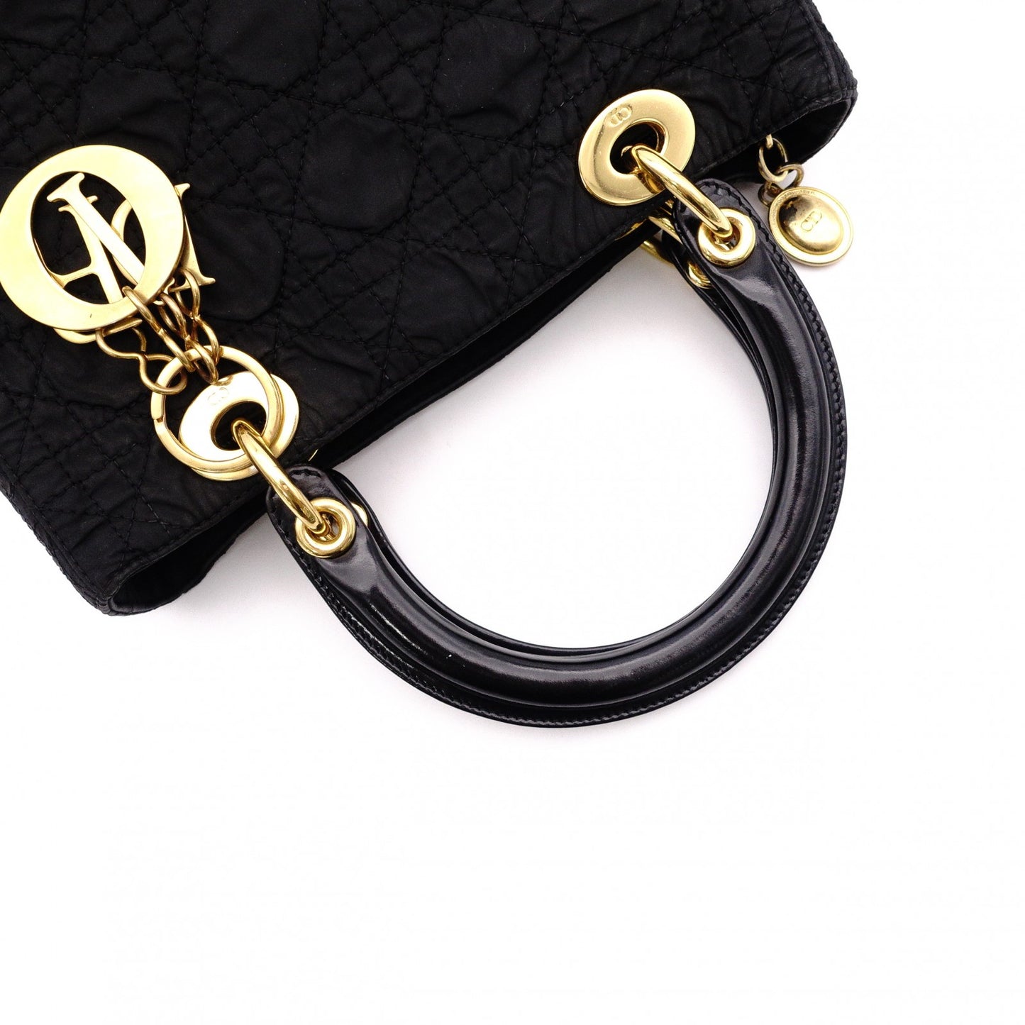 Christian Dior Lady Dior Handbag, Nylon, Black, 2-Way, Gold Hardware