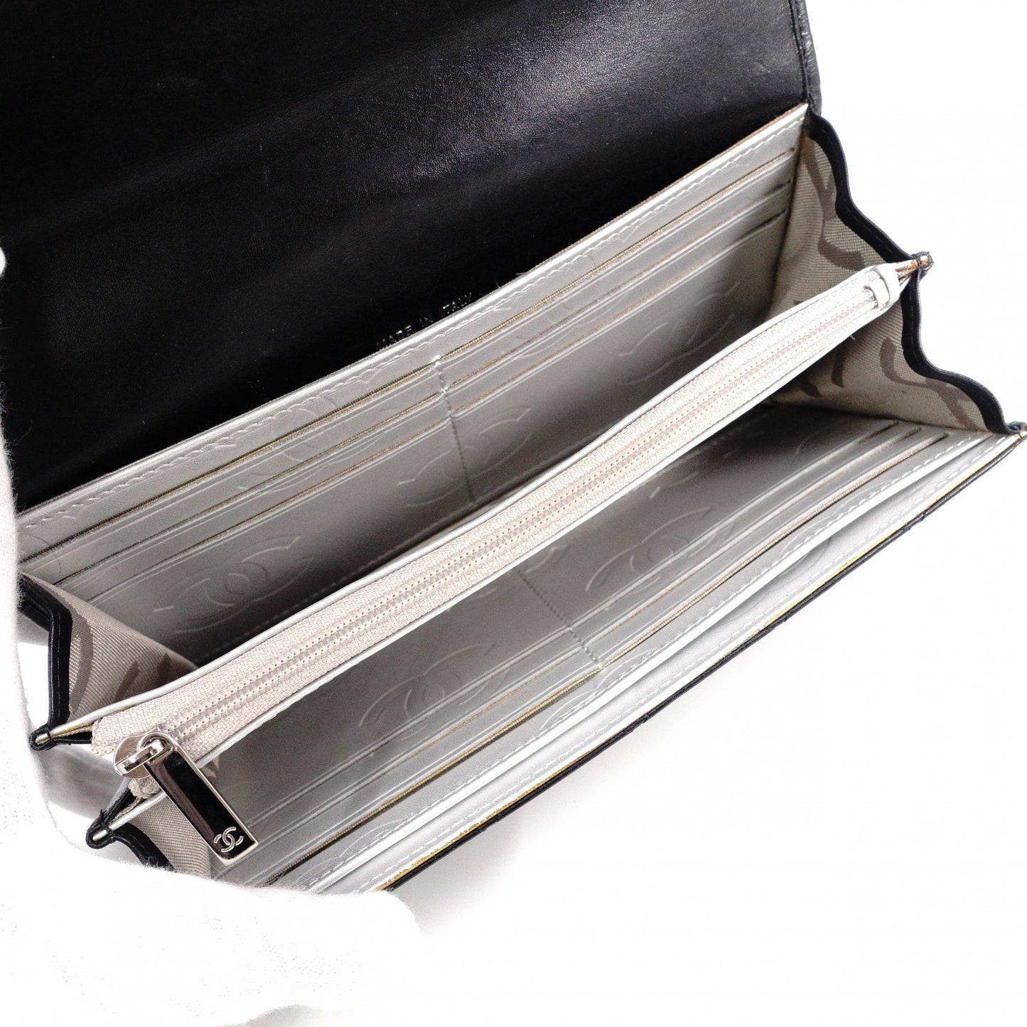 CHANEL Lambskin Cambon Line Long Wallet, Leather, Black, Silver, CC Logo
