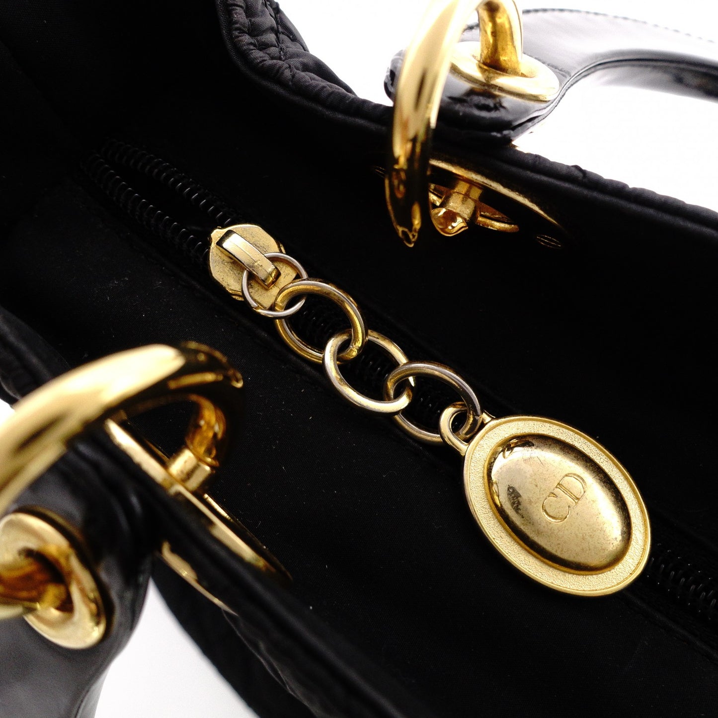 Christian Dior Lady Dior Handbag, Nylon, Black, 2-Way, Gold Hardware