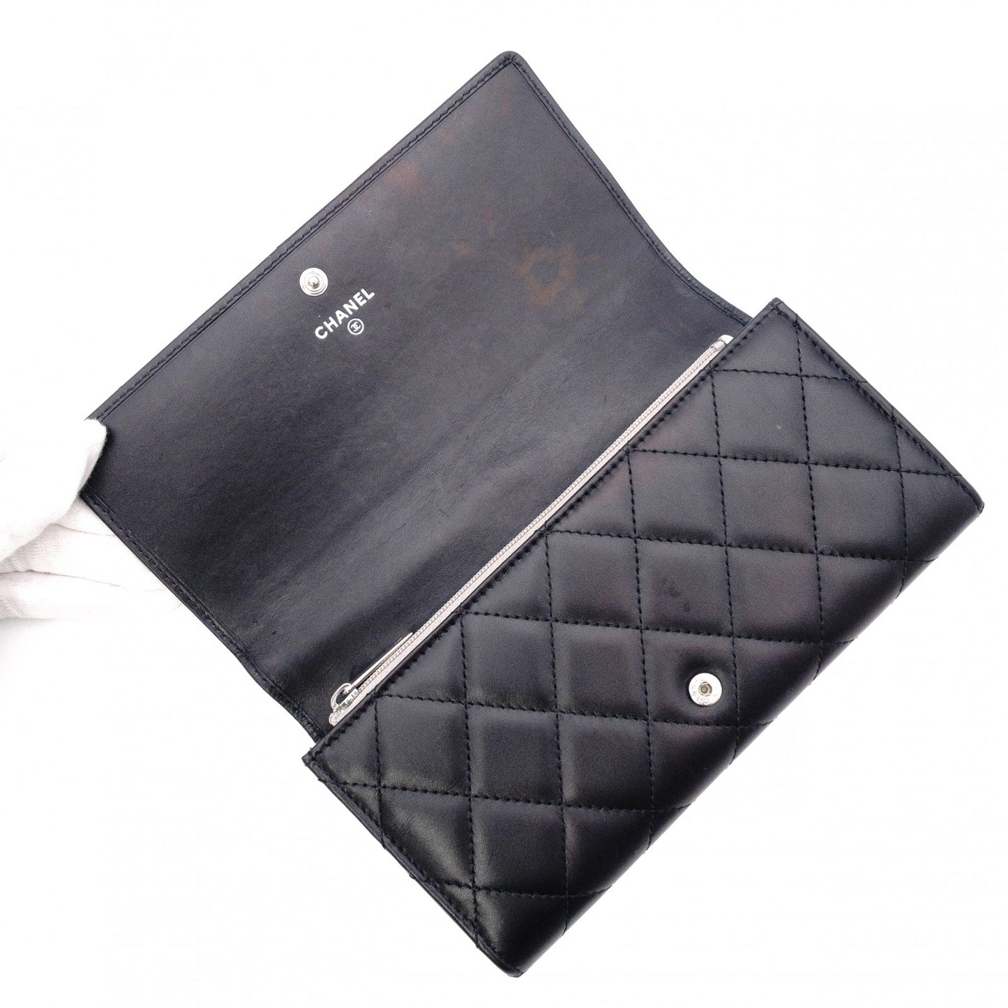 CHANEL Lambskin Cambon Line Long Wallet, Leather, Black, Silver, CC Logo