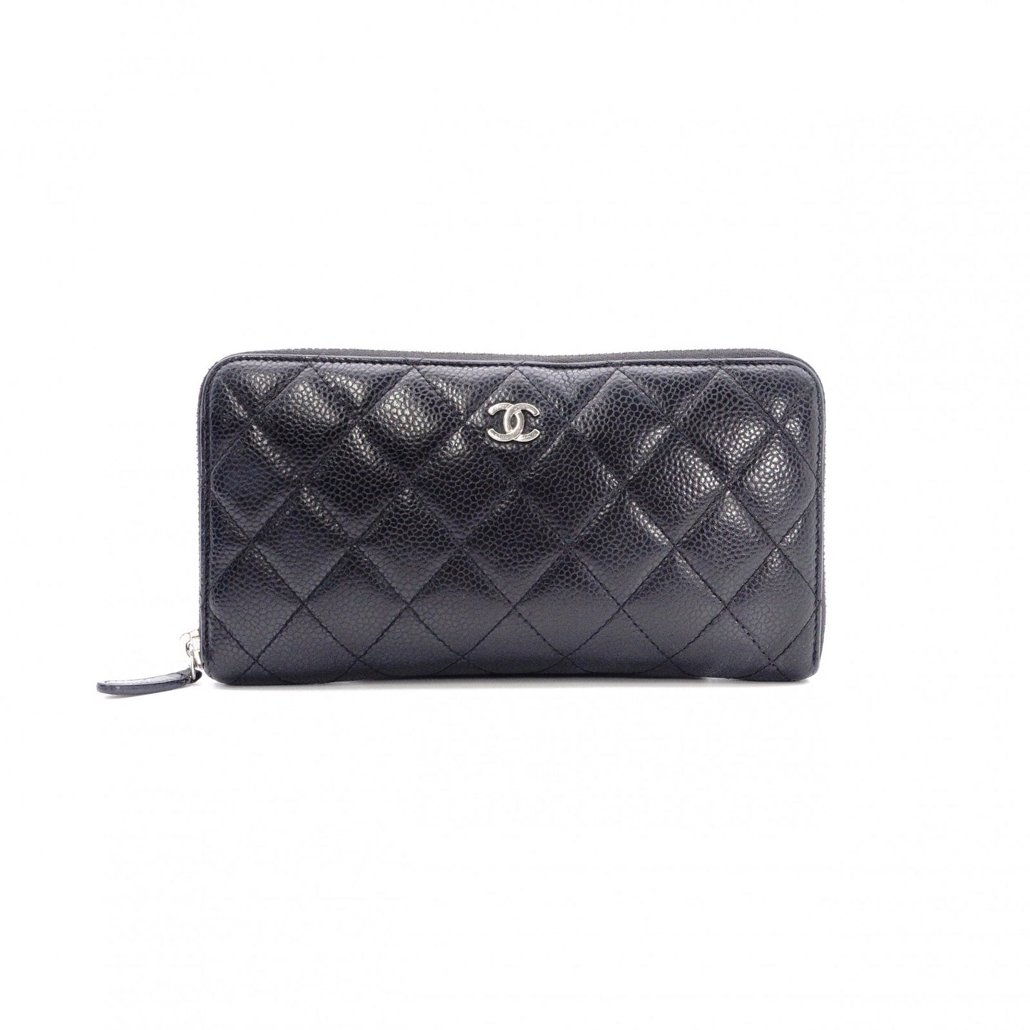 CHANEL Caviar Skin Matelassé Long Wallet, Leather, Black, CC Logo, Silver Hardware