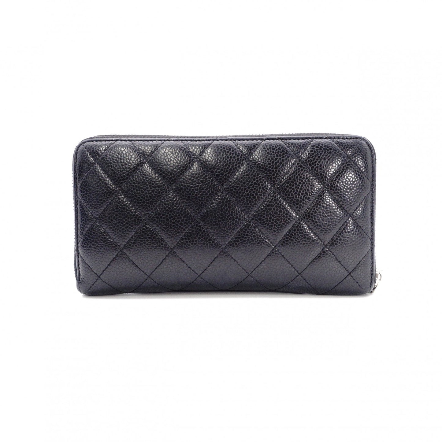 CHANEL Caviar Skin Matelassé Long Wallet, Leather, Black, CC Logo, Silver Hardware