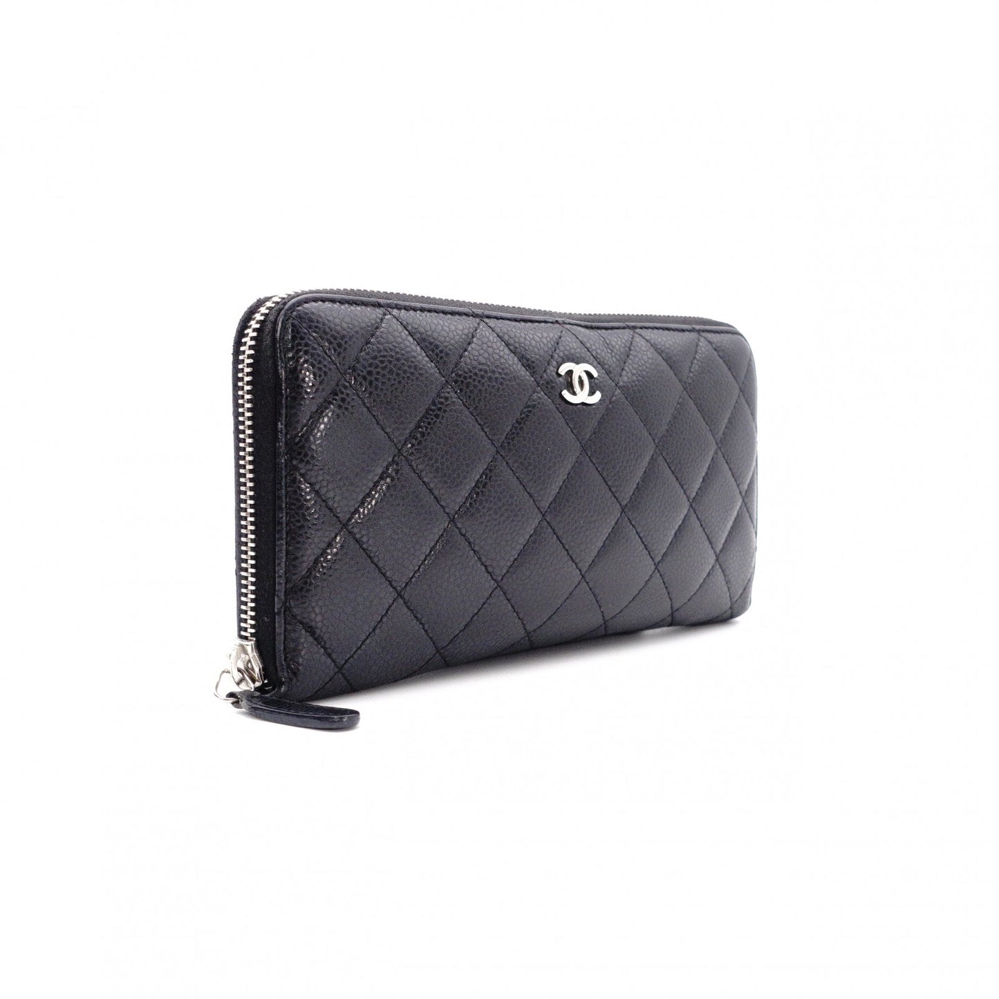 CHANEL Caviar Skin Matelassé Long Wallet, Leather, Black, CC Logo, Silver Hardware