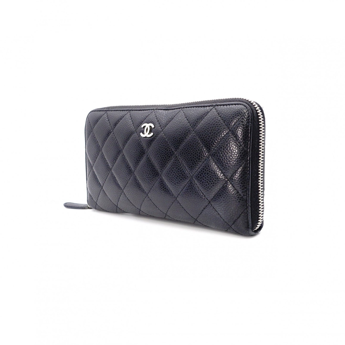 CHANEL Caviar Skin Matelassé Long Wallet, Leather, Black, CC Logo, Silver Hardware