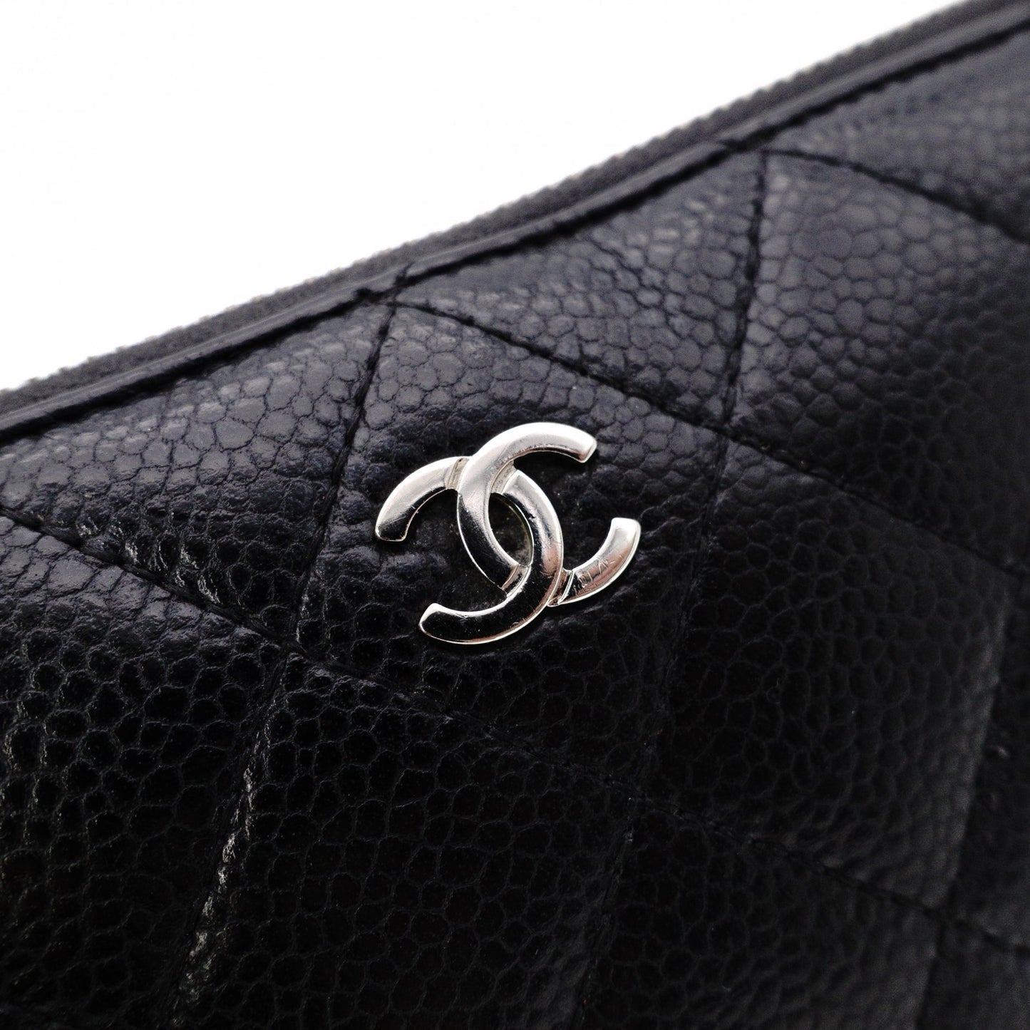 CHANEL Caviar Skin Matelassé Long Wallet, Leather, Black, CC Logo, Silver Hardware