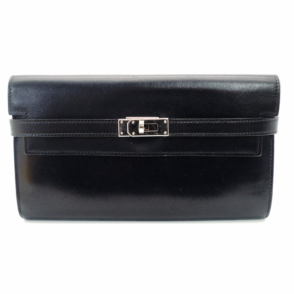 HERMES Kelly Wallet Leather Navy Silver Hardware Long Wallet with Engraving 7-10-799