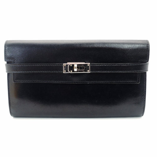 HERMES Kelly Wallet Leather Navy Silver Hardware Long Wallet with Engraving 7-10-799