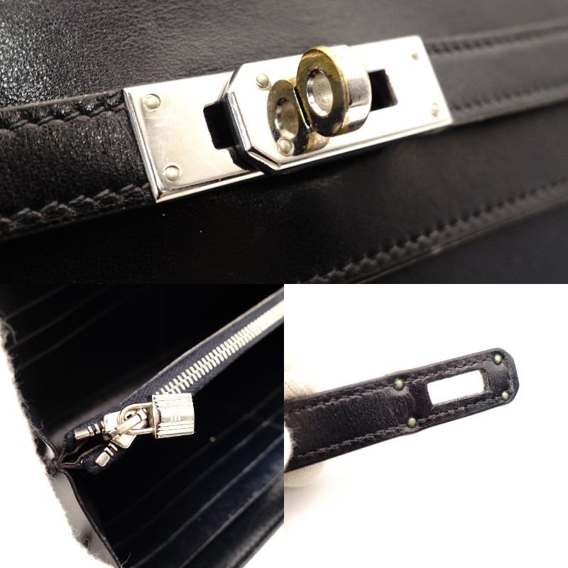 HERMES Kelly Wallet Leather Navy Silver Hardware Long Wallet with Engraving 7-10-799