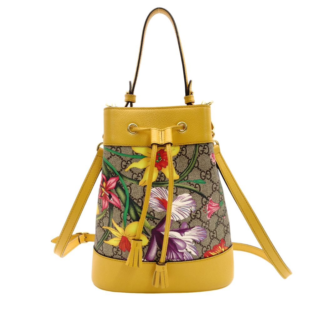 GUCCI GG Supreme Flora Bucket Bag Beige × Yellow PVC Leather 2-Way Crossbody 7-10-670