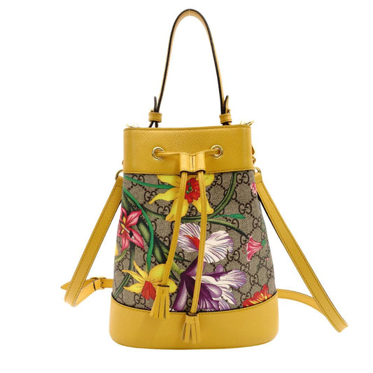 GUCCI GG Supreme Flora Bucket Bag Beige × Yellow PVC Leather 2-Way Crossbody 7-10-670