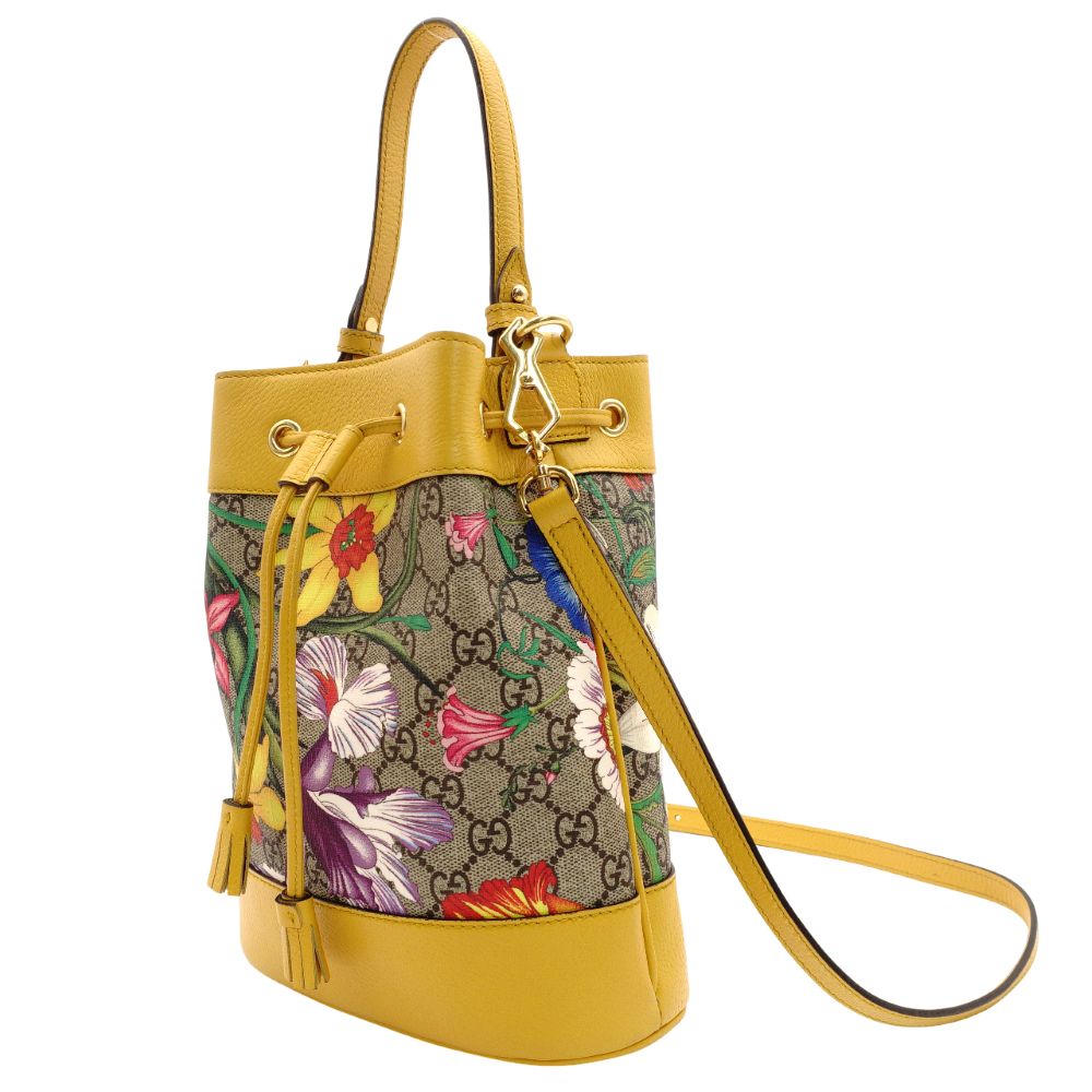 GUCCI GG Supreme Flora Bucket Bag Beige × Yellow PVC Leather 2-Way Crossbody 7-10-670