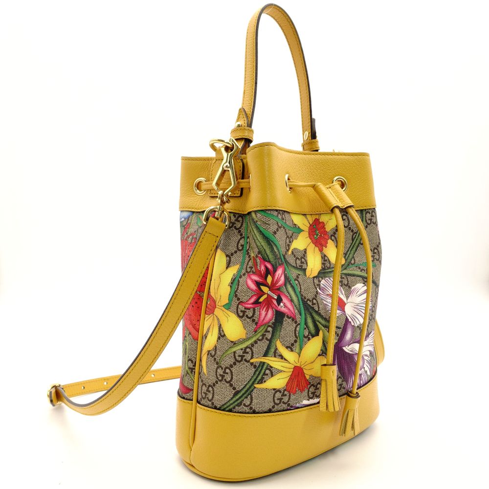 GUCCI GG Supreme Flora Bucket Bag Beige × Yellow PVC Leather 2-Way Crossbody 7-10-670
