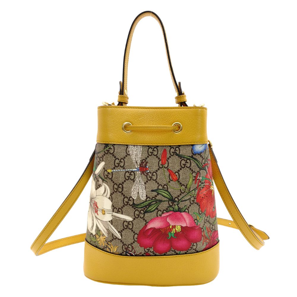 GUCCI GG Supreme Flora Bucket Bag Beige × Yellow PVC Leather 2-Way Crossbody 7-10-670
