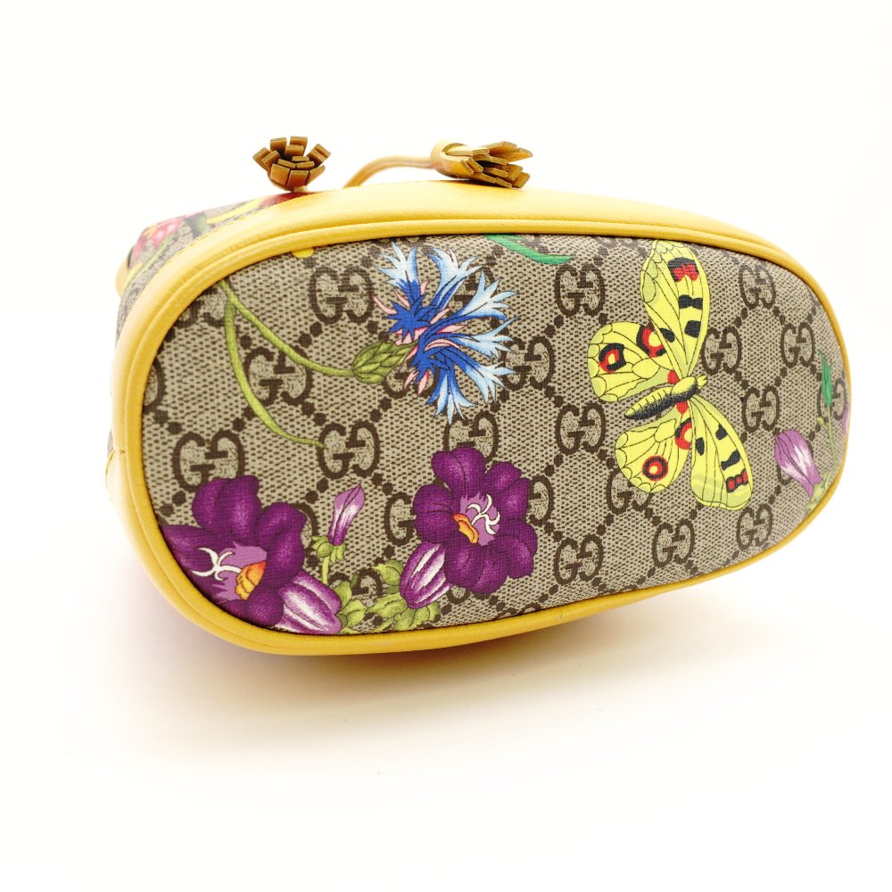 GUCCI GG Supreme Flora Bucket Bag Beige × Yellow PVC Leather 2-Way Crossbody 7-10-670