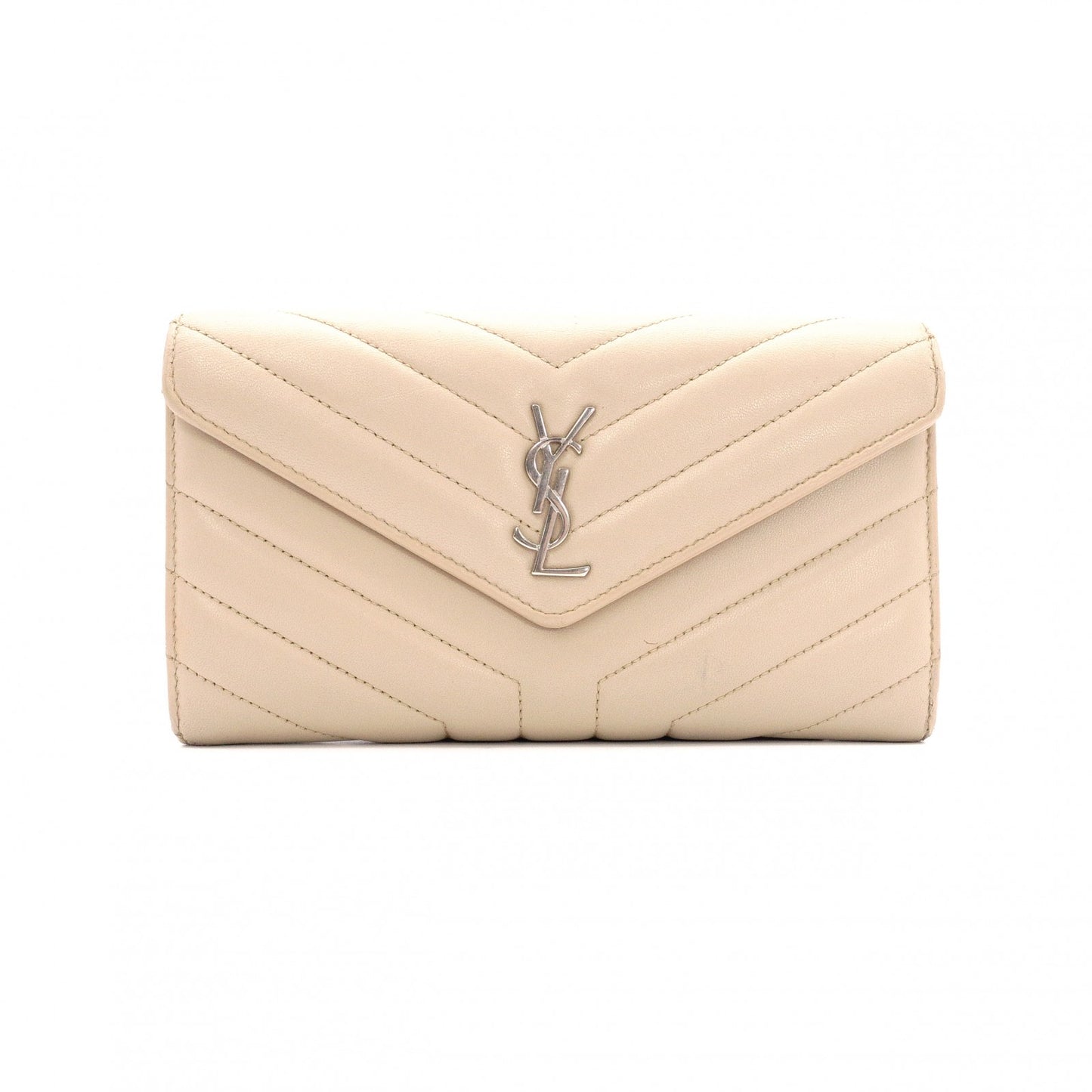 SAINT LAURENT Cassandra Long Wallet, Leather, Beige, Silver Hardware