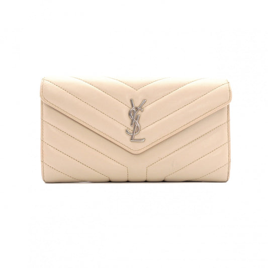 SAINT LAURENT Cassandra Long Wallet, Leather, Beige, Silver Hardware