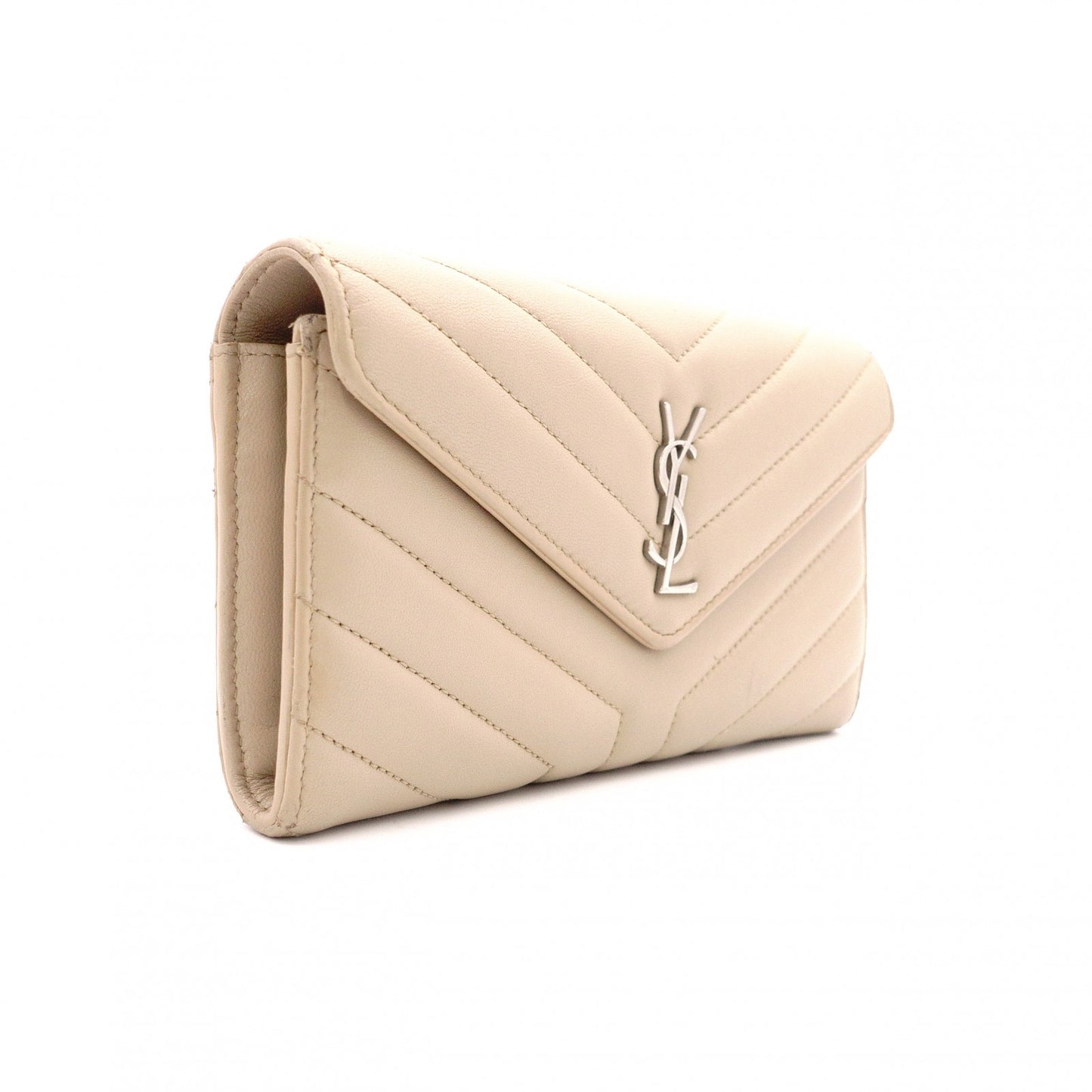 SAINT LAURENT Cassandra Long Wallet, Leather, Beige, Silver Hardware