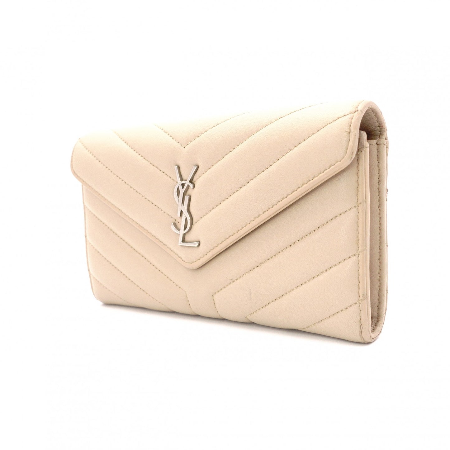 SAINT LAURENT Cassandra Long Wallet, Leather, Beige, Silver Hardware