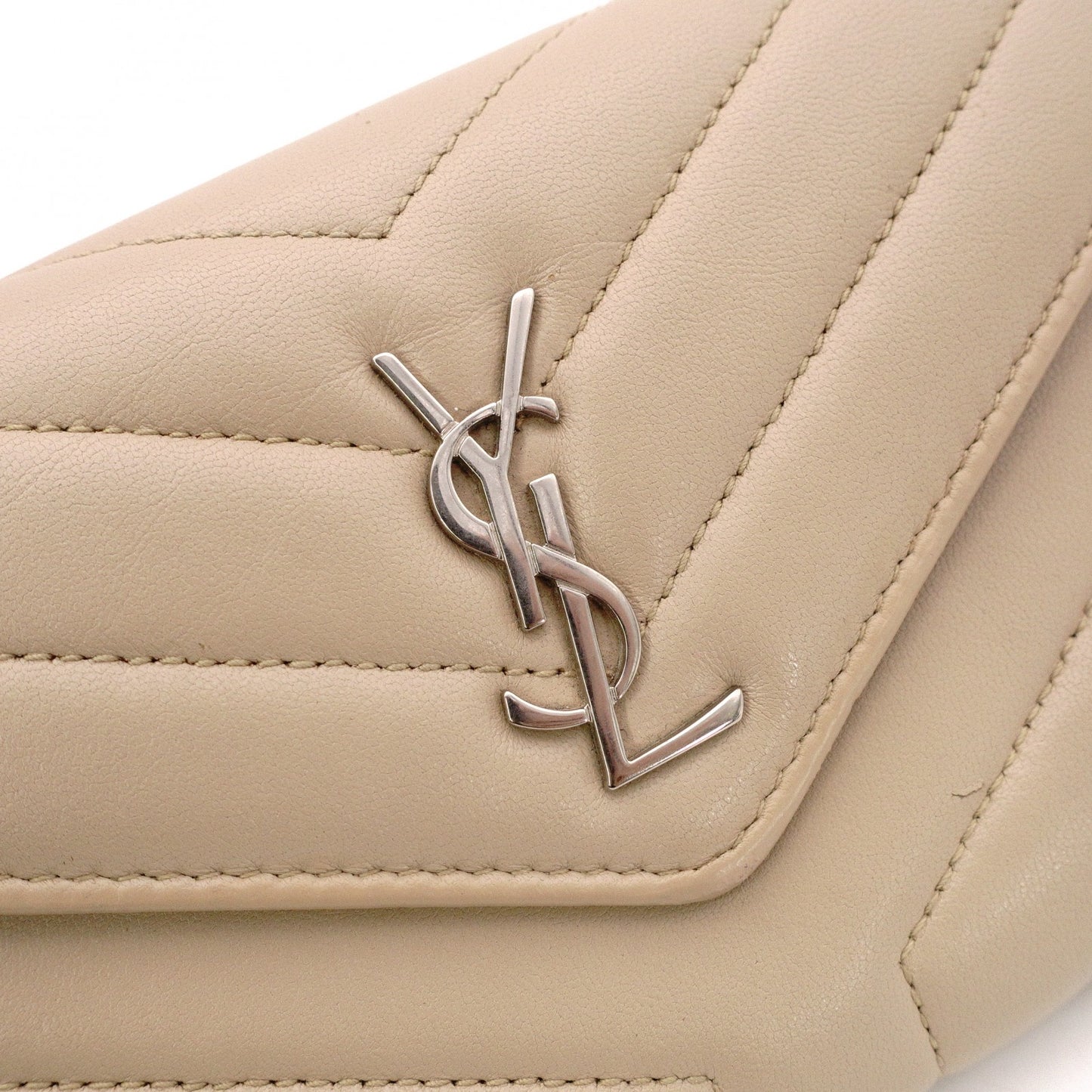 SAINT LAURENT Cassandra Long Wallet, Leather, Beige, Silver Hardware