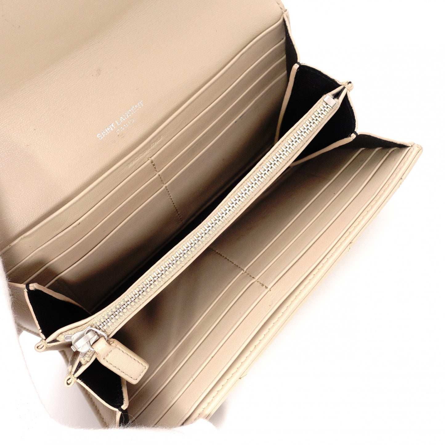 SAINT LAURENT Cassandra Long Wallet, Leather, Beige, Silver Hardware