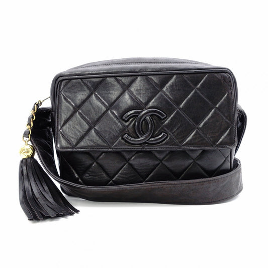 CHANEL Matelassé Fringe Shoulder Bag Black Leather Black Logo