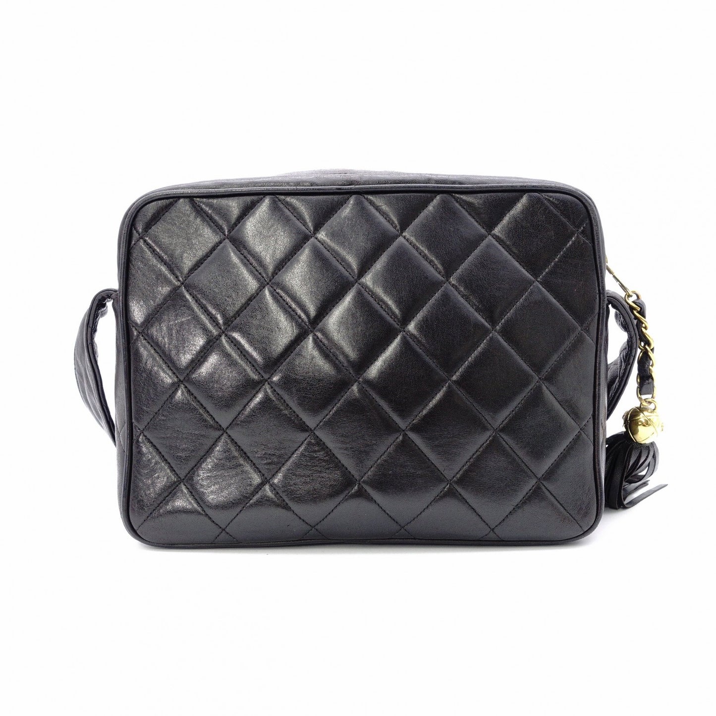 CHANEL Matelassé Fringe Shoulder Bag Black Leather Black Logo
