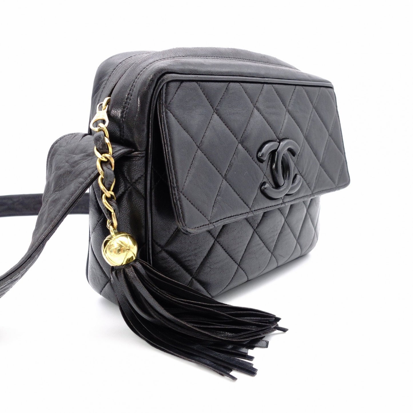CHANEL Matelassé Fringe Shoulder Bag Black Leather Black Logo