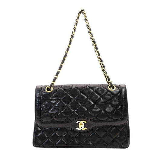 CHANEL Matelassé Double Flap Chain Shoulder Bag Black Lambskin Silver x Gold Hardware 7-9-235