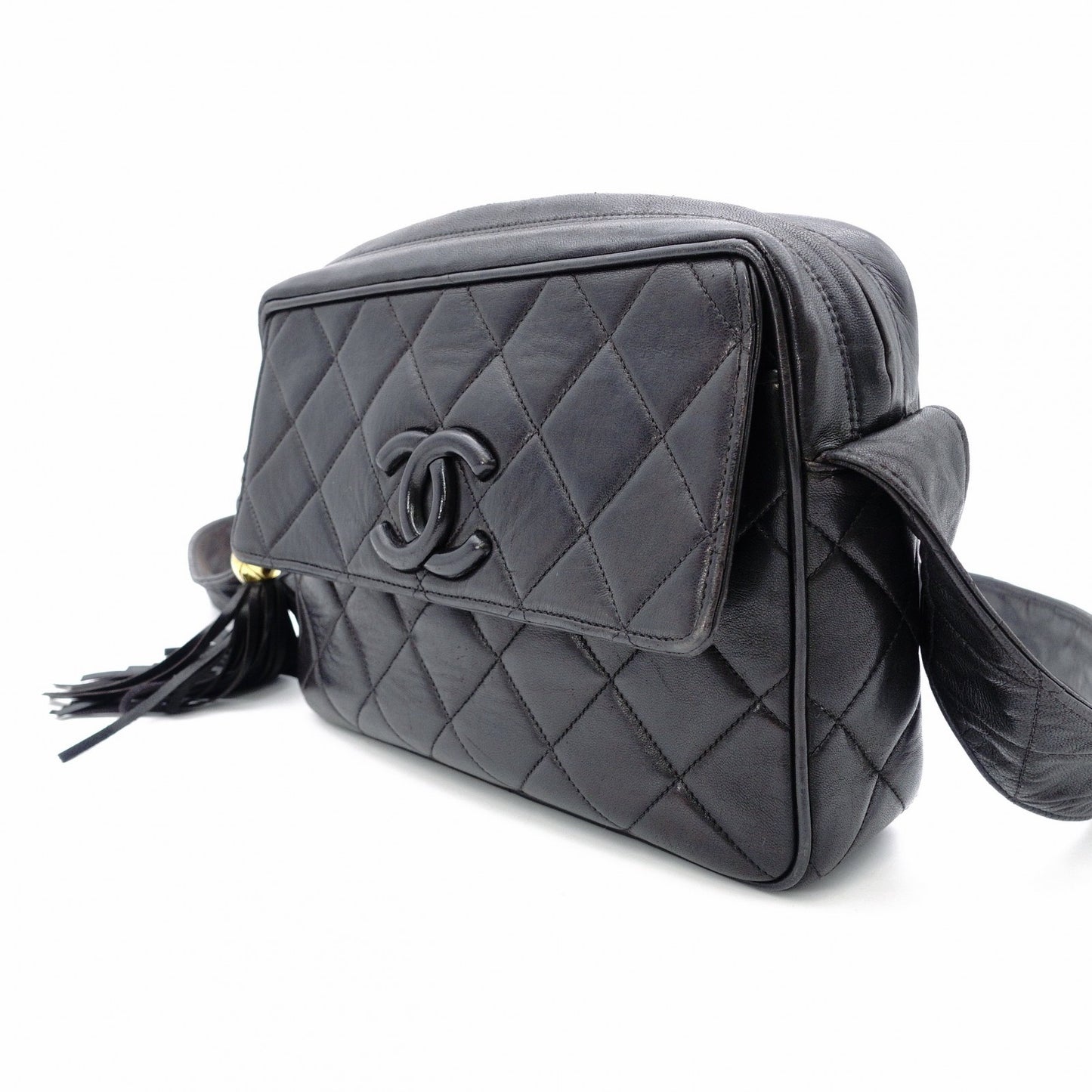 CHANEL Matelassé Fringe Shoulder Bag Black Leather Black Logo