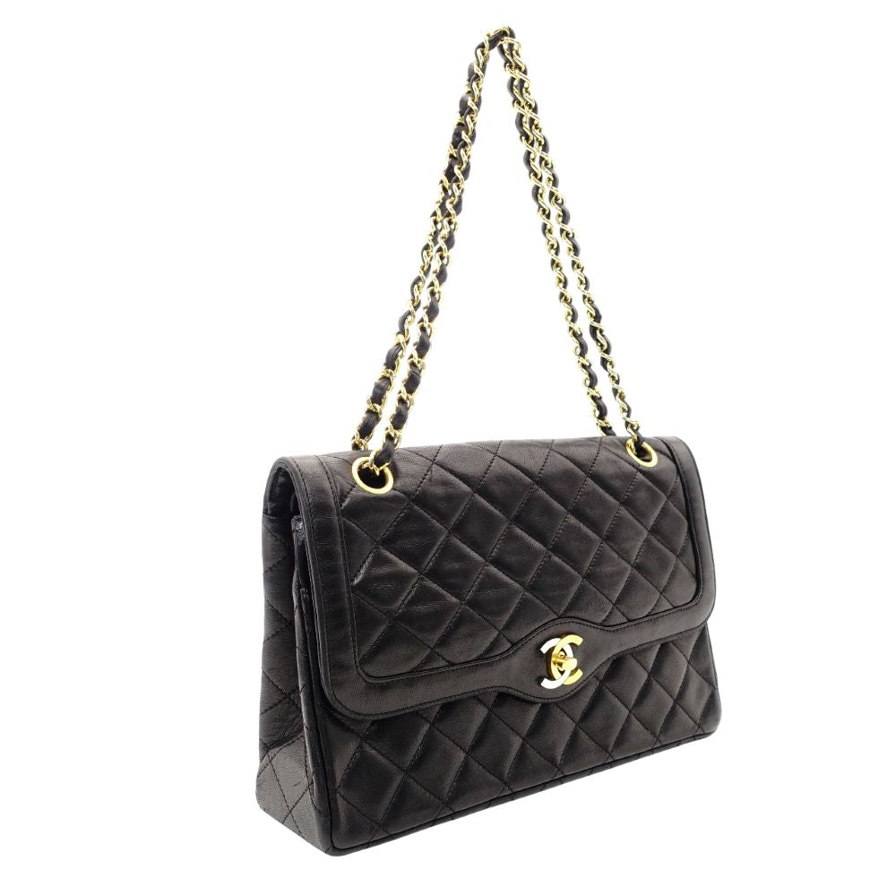 CHANEL Matelassé Double Flap Chain Shoulder Bag Black Lambskin Silver x Gold Hardware 7-9-235