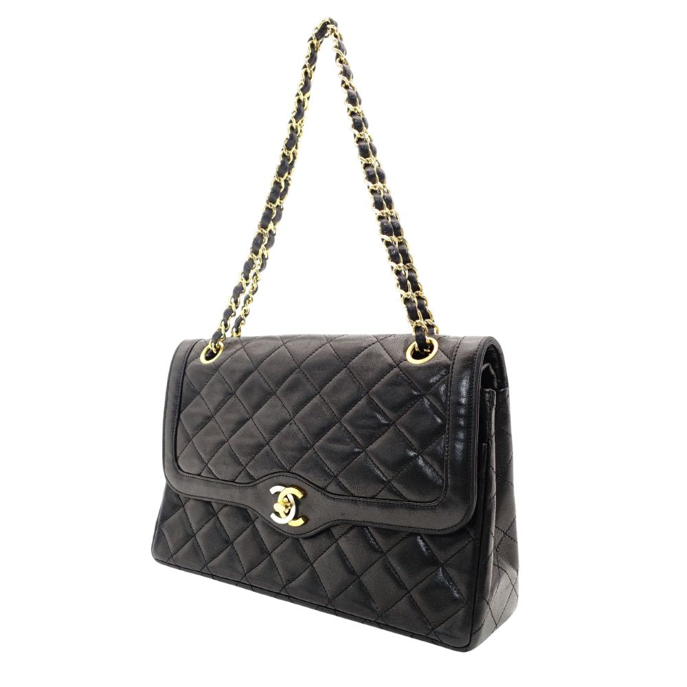 CHANEL Matelassé Double Flap Chain Shoulder Bag Black Lambskin Silver x Gold Hardware 7-9-235