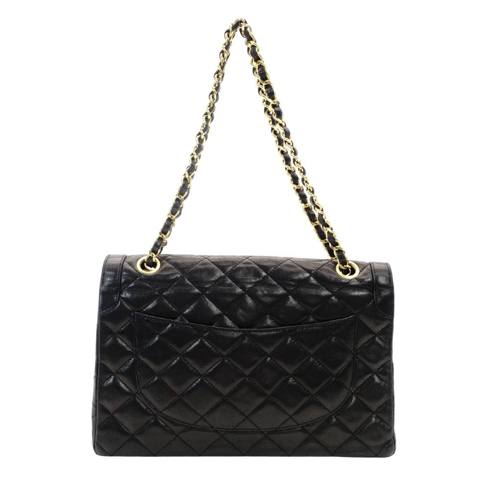 CHANEL Matelassé Double Flap Chain Shoulder Bag Black Lambskin Silver x Gold Hardware 7-9-235