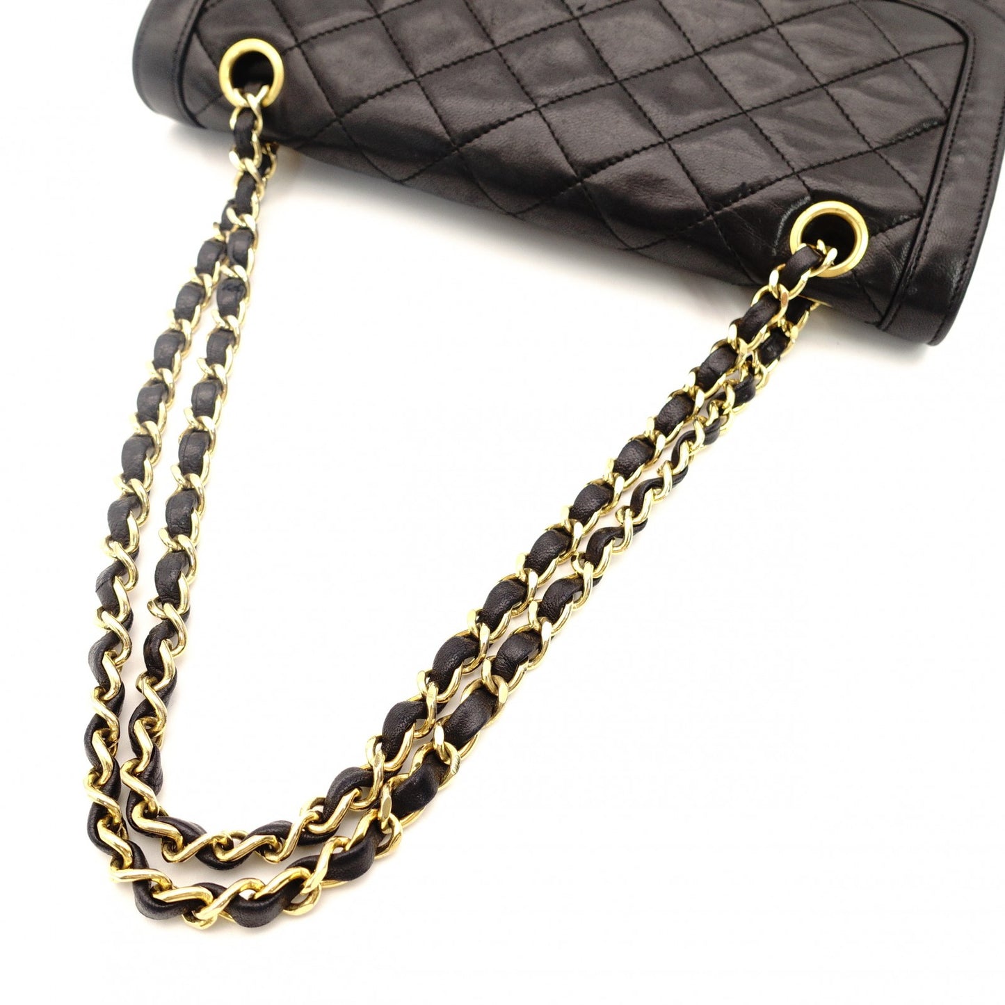 CHANEL Matelassé Double Flap Chain Shoulder Bag Black Lambskin Silver x Gold Hardware 7-9-235
